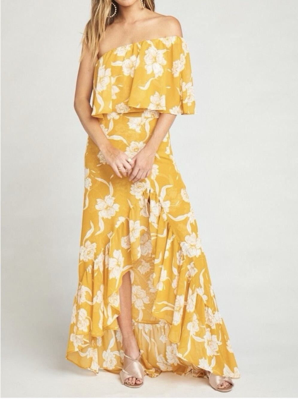 Show Me Your Mumu Maxi Off Shoulder Sleeveless Dress Yellow Floral Small
